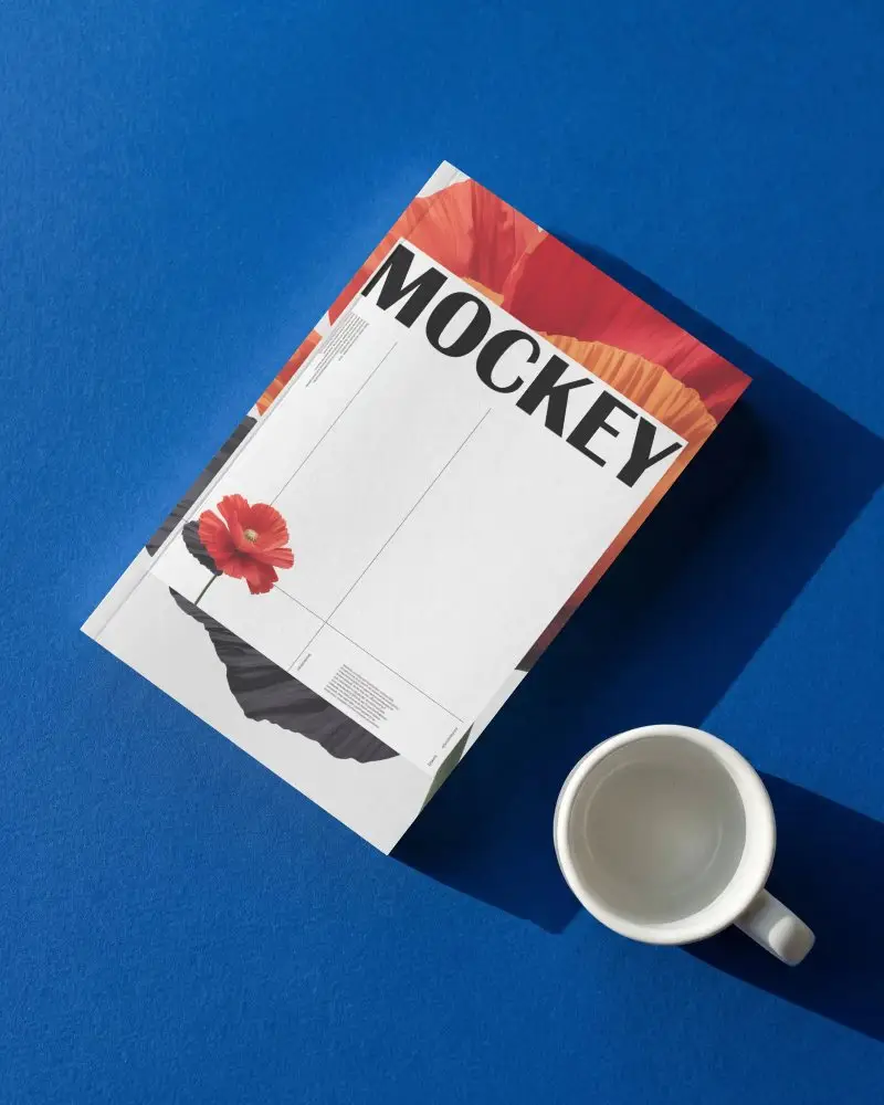 Blank Book Mockup With Coffee Mug On Solid Background For Design Showcase