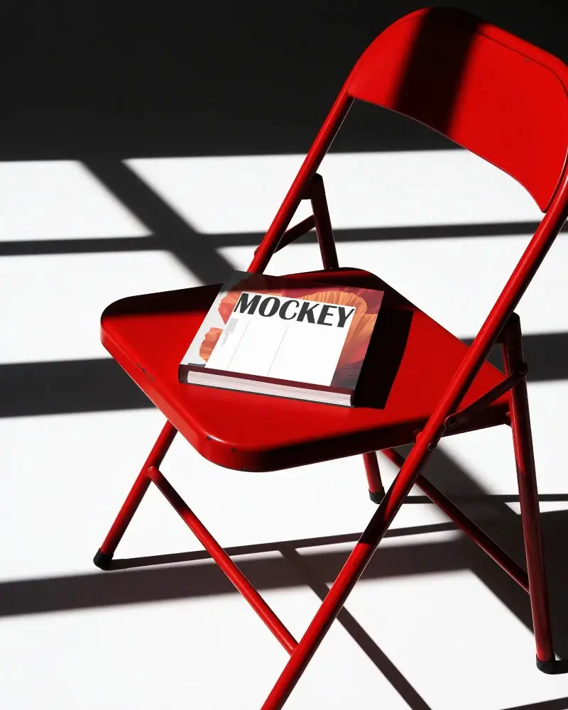 Minimalistic Book Cover Mockup Displayed On Folding Chair In Modern Light Setting