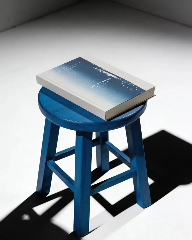 Hardcover Book Mockup On Simple Wooden Stool With Shadow Flat Lay Photography
