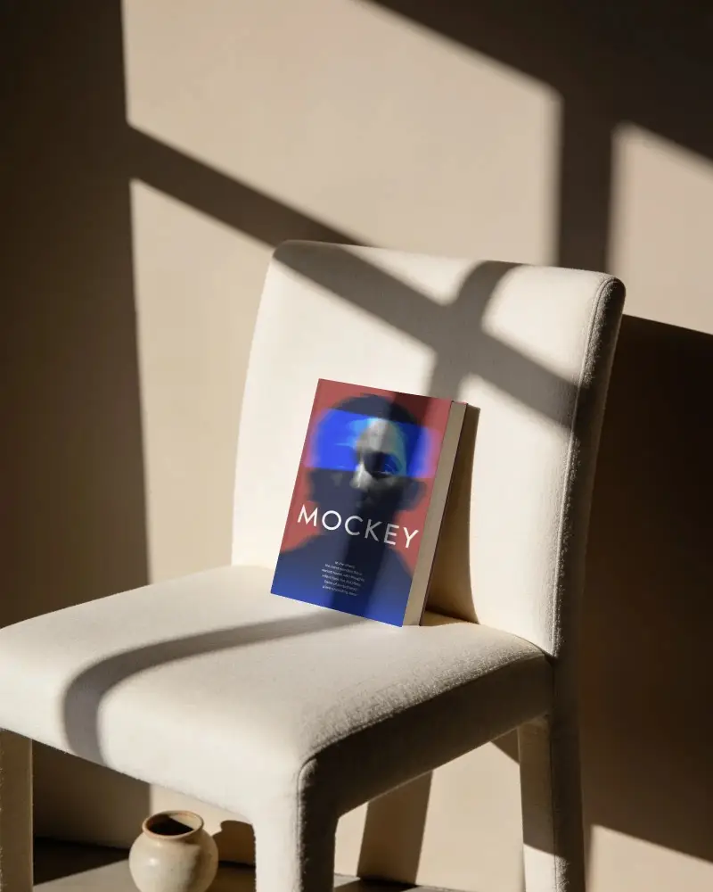 Cozy Reading Space Book Mockup On Textured Chair Under Dramatic Window Shadows