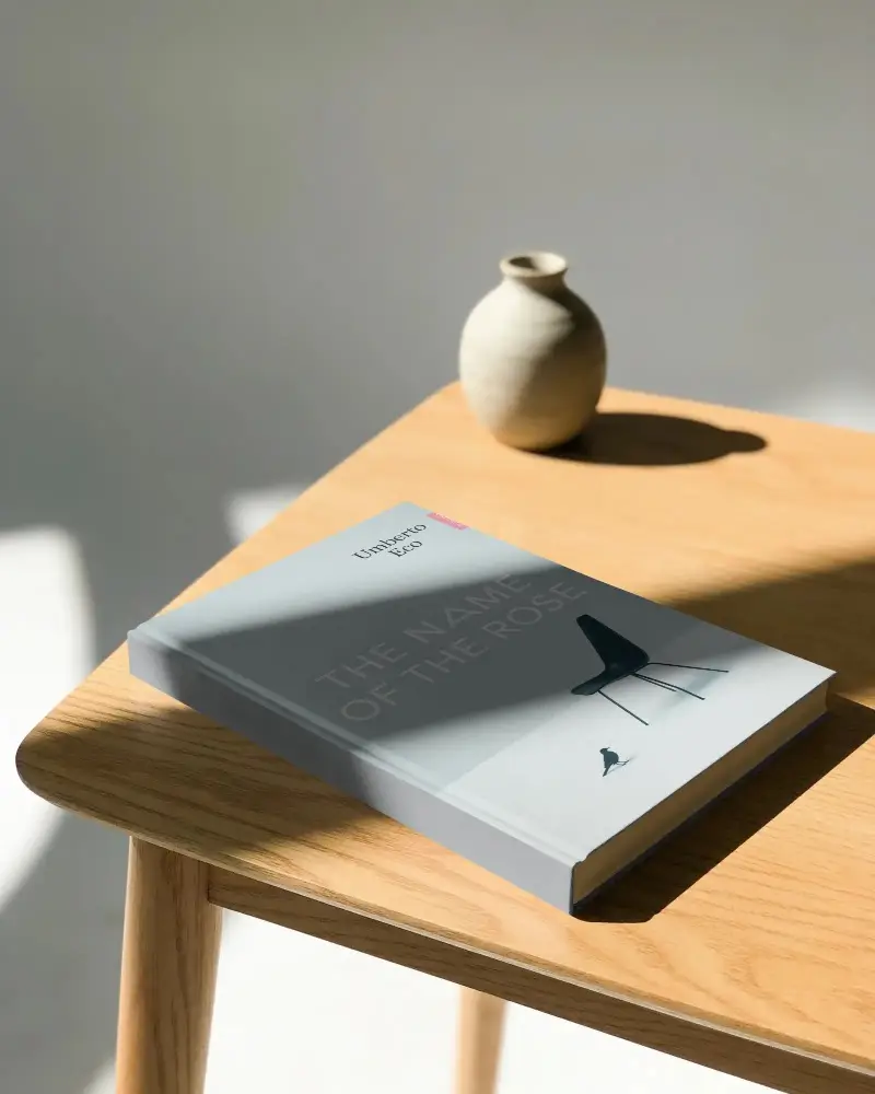 Hardcover Book Mockup On Minimalist Wooden Table With Natural Light Shadow Effect