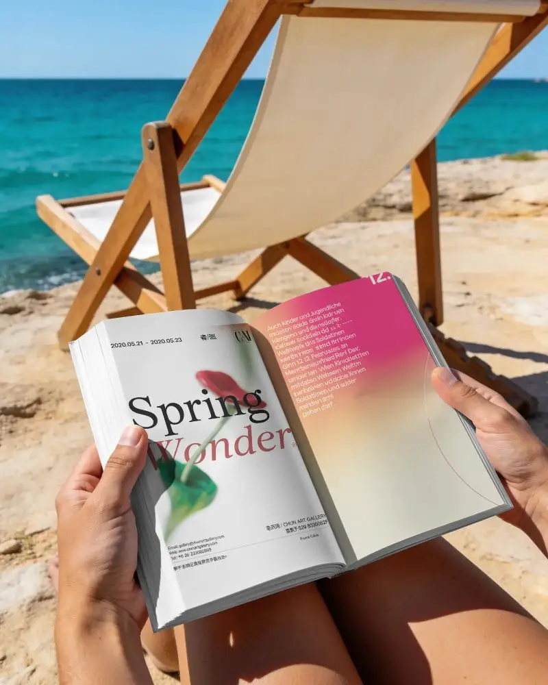 Beachfront Book Mockup Person Relaxing Holding Open Book Empty Pages Natural Light