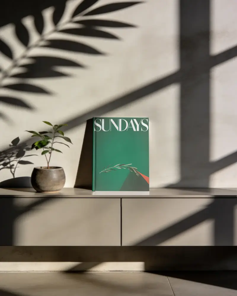 Minimalistic Book Mockup With Planted Pot And Natural Shadows On Modern Table