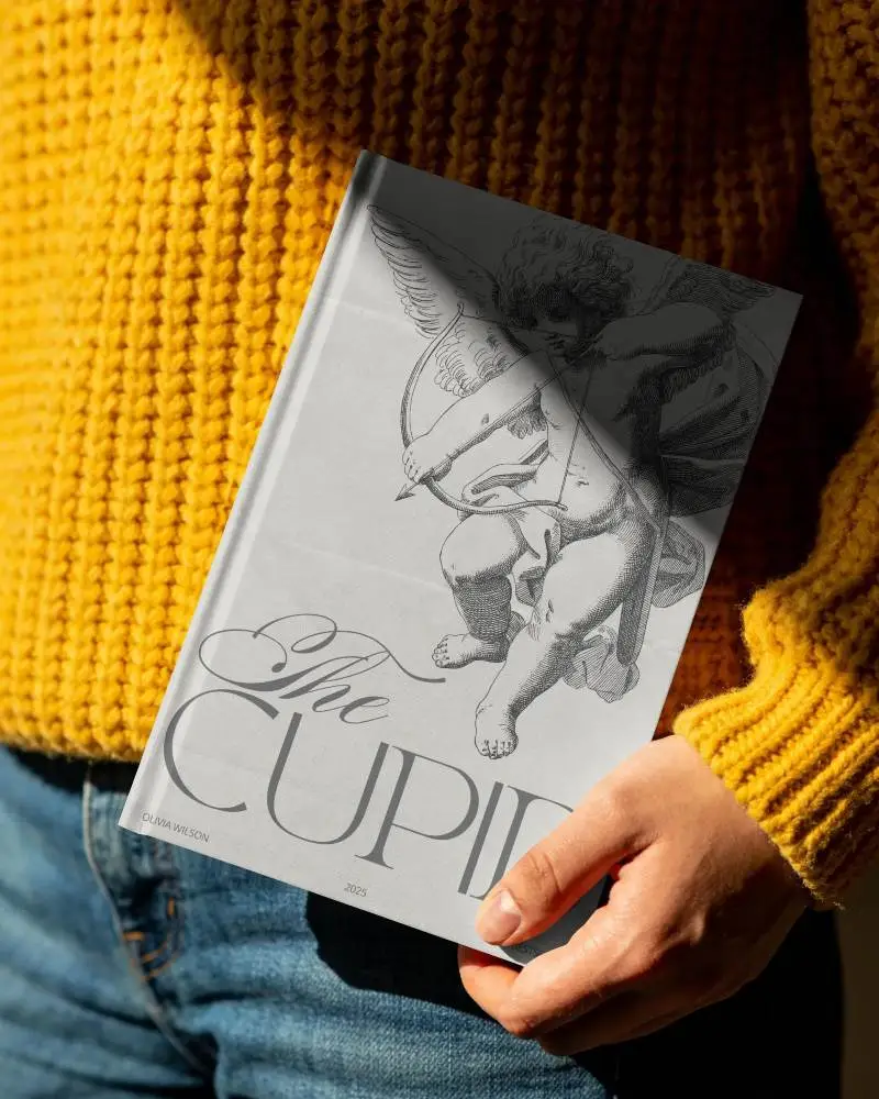 Realistic Book Mockup With Hand Gripping Closed Book On Textured Fabric Background