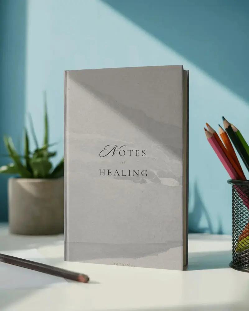 Daylight Workspace Book Mockup Standing On White Table With Pencil Holder Under Sharp Light Angle