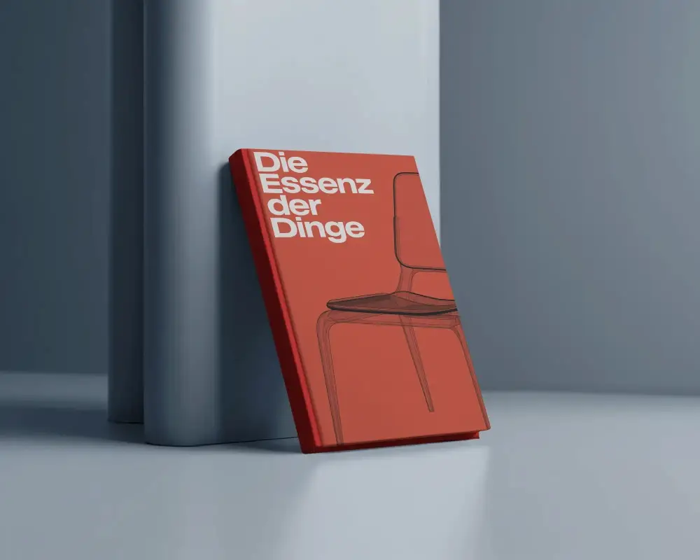 Vertical Hardcover Book Mockup Leaning On Abstract Blue Geometry Pedestal Scene Modern  Background