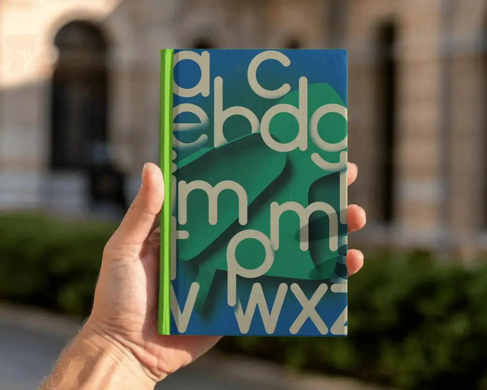 Hand Holding Blank Hardcover Book Mockup In Front Of Historic Building Outdoor Daylight Soft Shadows