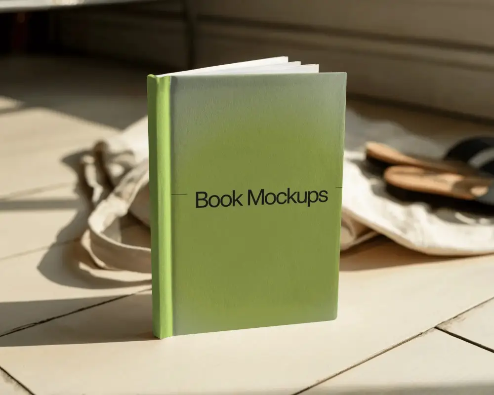 Upright Book Mockup On Wooden Floor Daylight Angled Book With Open Pages And Relaxed Room Ambience