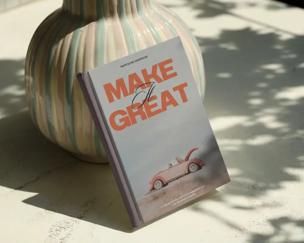 Book Cover Mockup Outdoor Light Hardcover Leaning On Vase With Nature Shadows Over Textured Surface