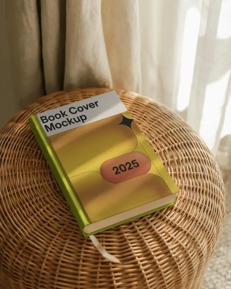 Hardcover Book Mockup Placed On Woven Surface With Curtain Light Stripes And Natural Textured Light