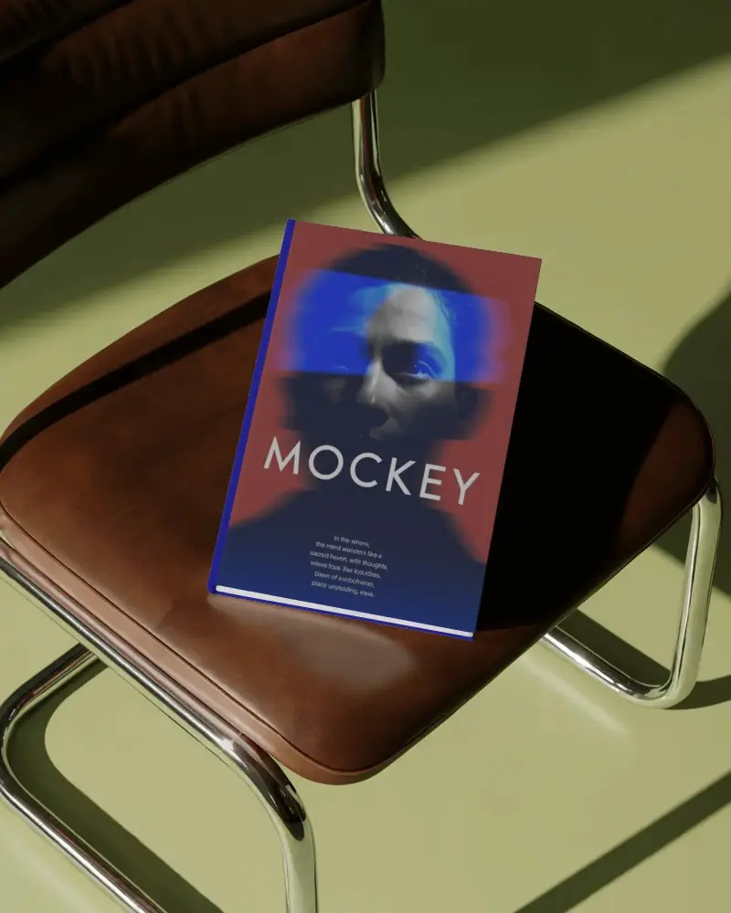 Book Mockup On Chair Mockup In Stylish Modern Setting With Sunlight Casting Long Sharp Shadows