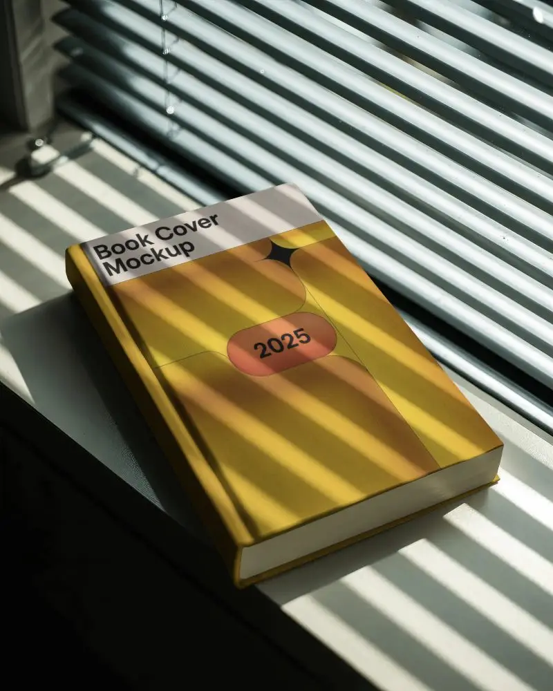 Hardcover Book Mockup On Window Sill Striped Light Shadow Minimalist Design