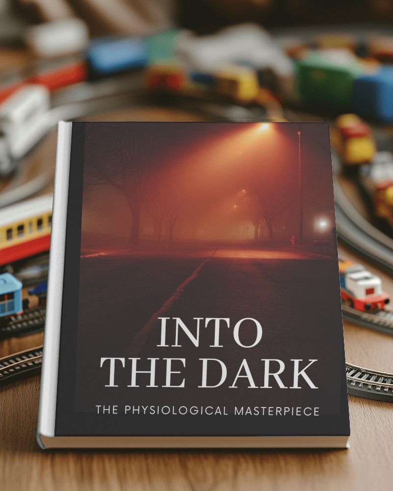 Glossy Book Cover Mockup Hardcover On Wooden Table With Colorful Toy Train Set Playful And Inviting Setup