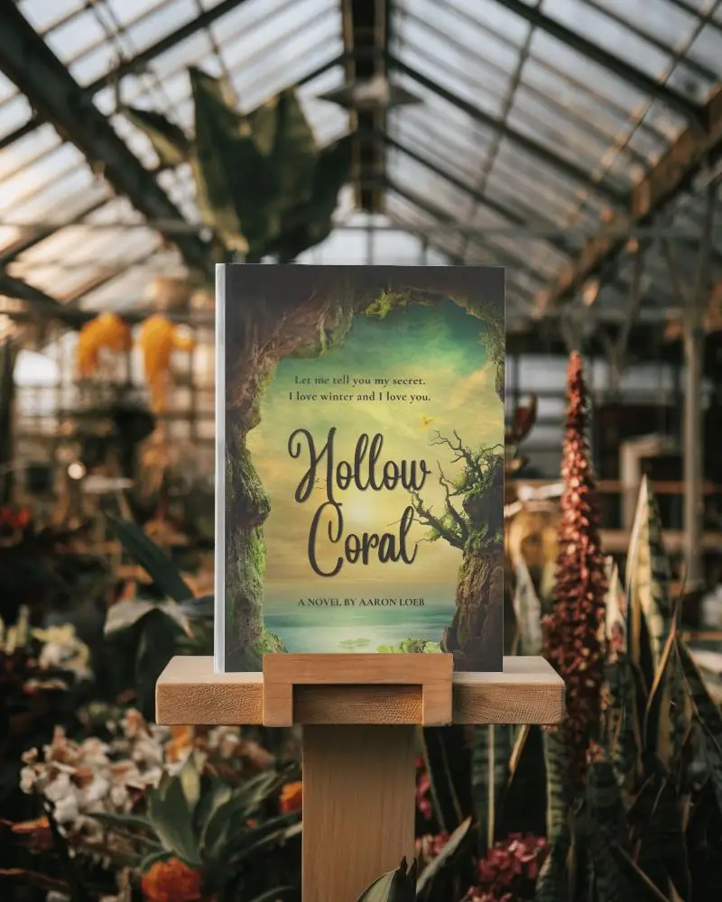 Hardcover Book Mockup On Wooden Stand In Sunlit Greenhouse Surrounded By Lush Plants Natural And Serene Atmosphere 0154