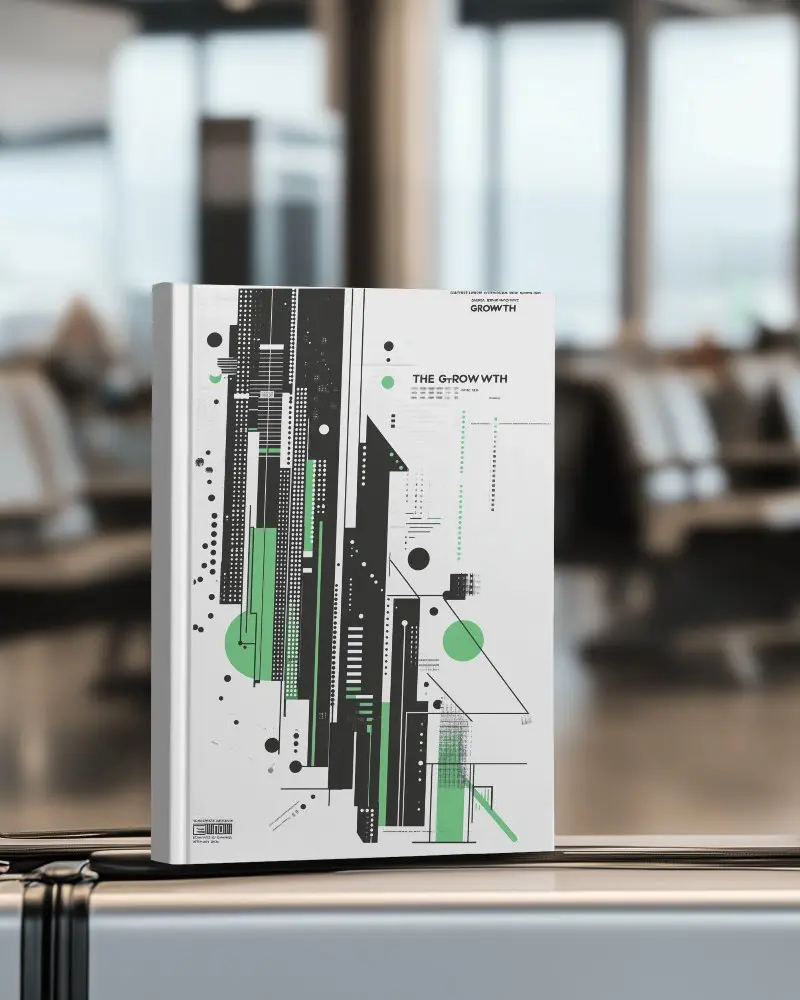 Upright Hardcover Book Mockup On Metal Suitcase In Modern Airport Lounge