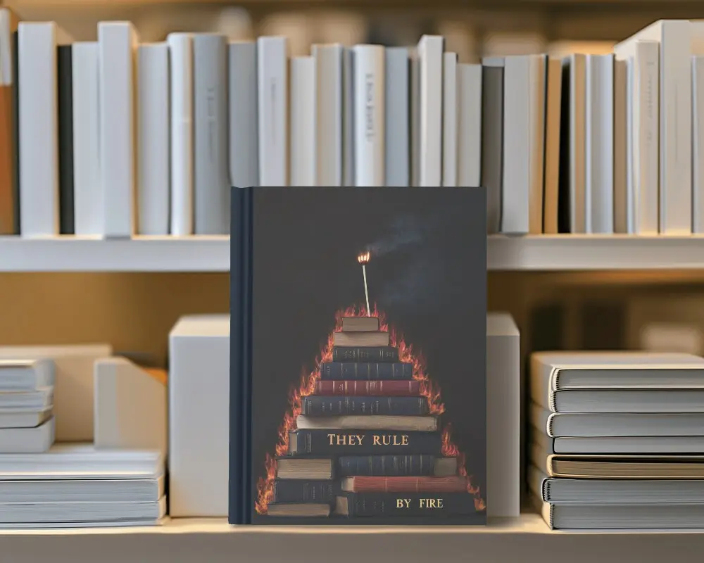 Blank White Book Cover Mockup Placed On Organized Bookshelf In Soft Light