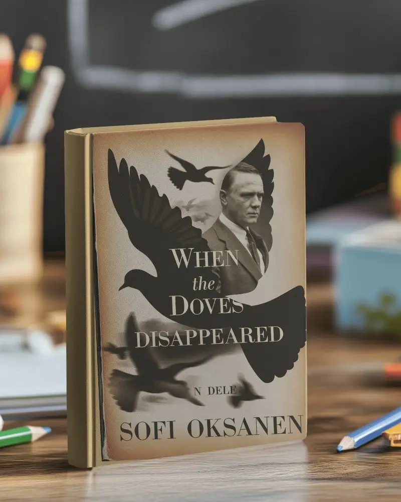 Upright Hardcover Book Mockup On Wooden Desk With Classroom Supplies And Blackboard