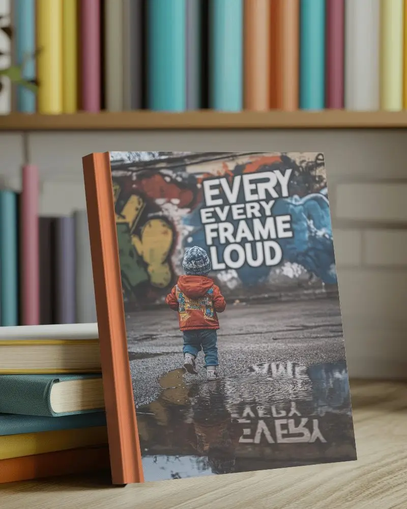 Upright Hardcover Book Mockup On Table With Colorful Bookshelf Background