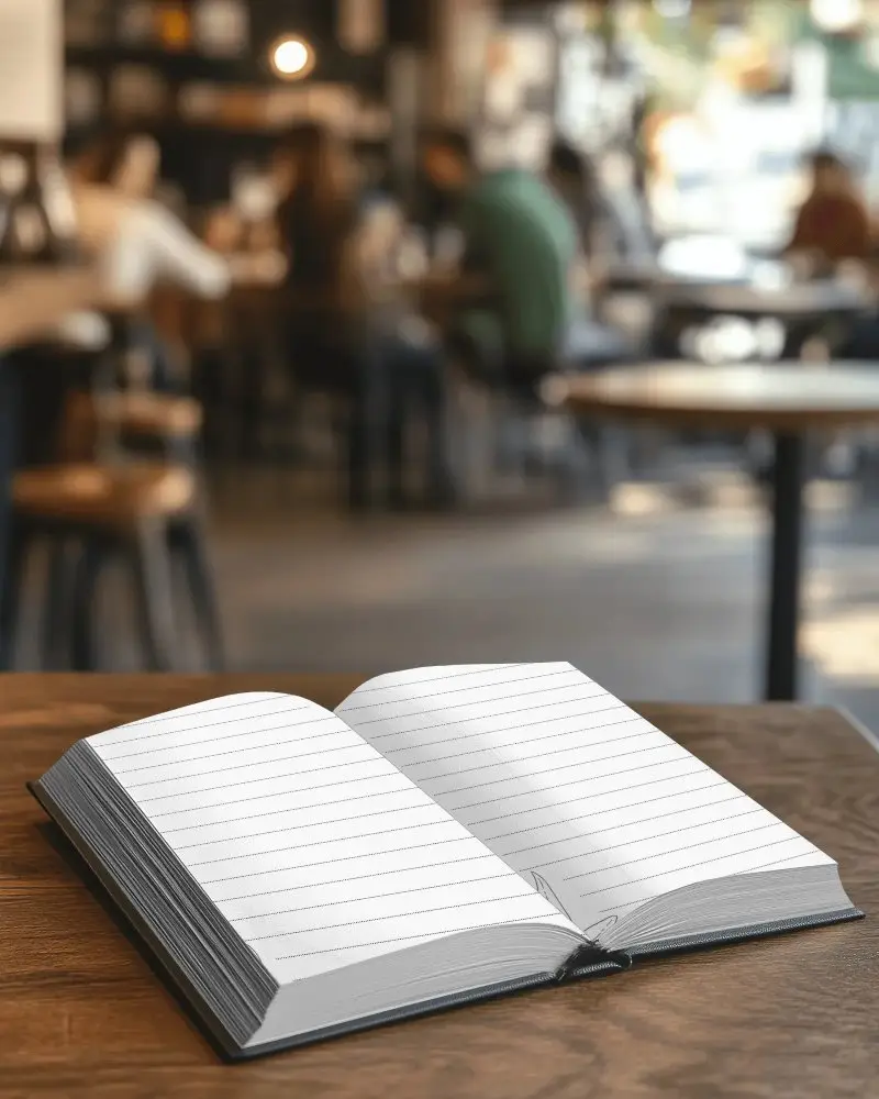 Open Book Mockup On Coffee Shop Table Blank Pages Design Template