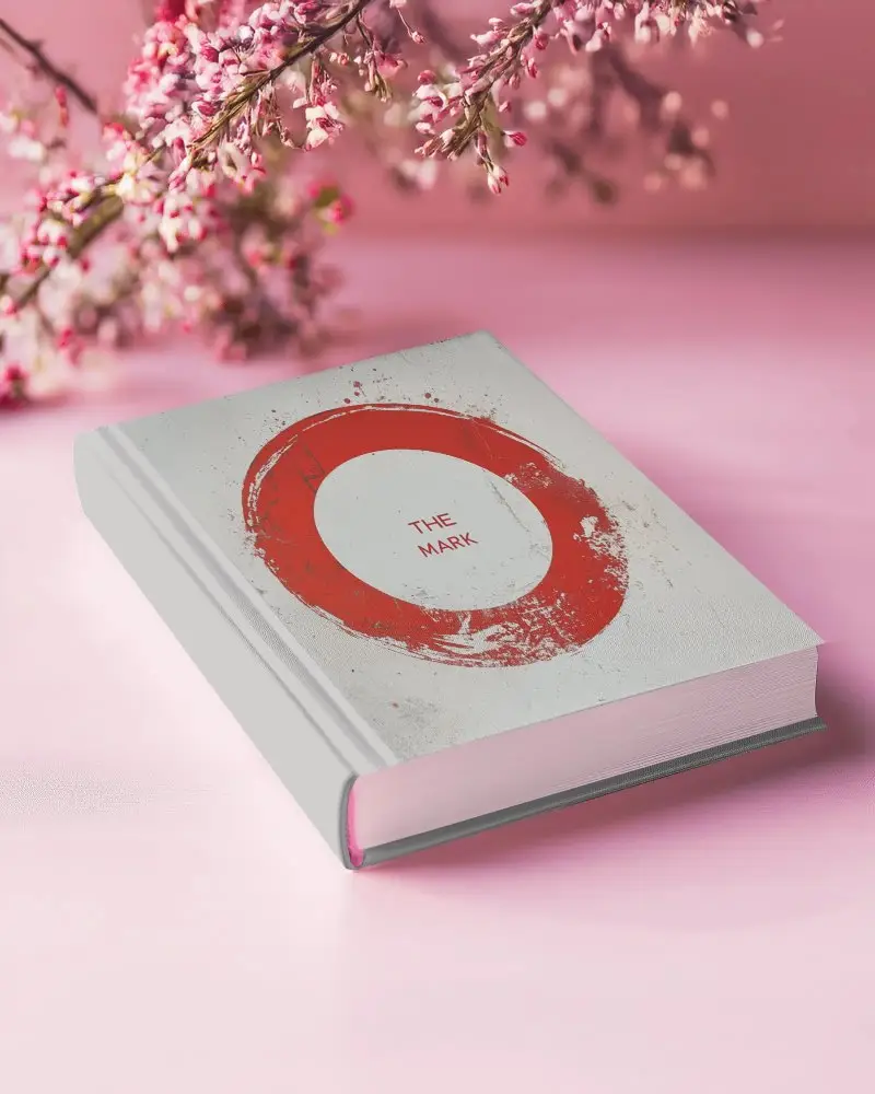 Spring Blossom Hardcover Book Mockup White Cover On Pastel Pink Surface With Cherry Flowers Above Soft Romantic Lighting