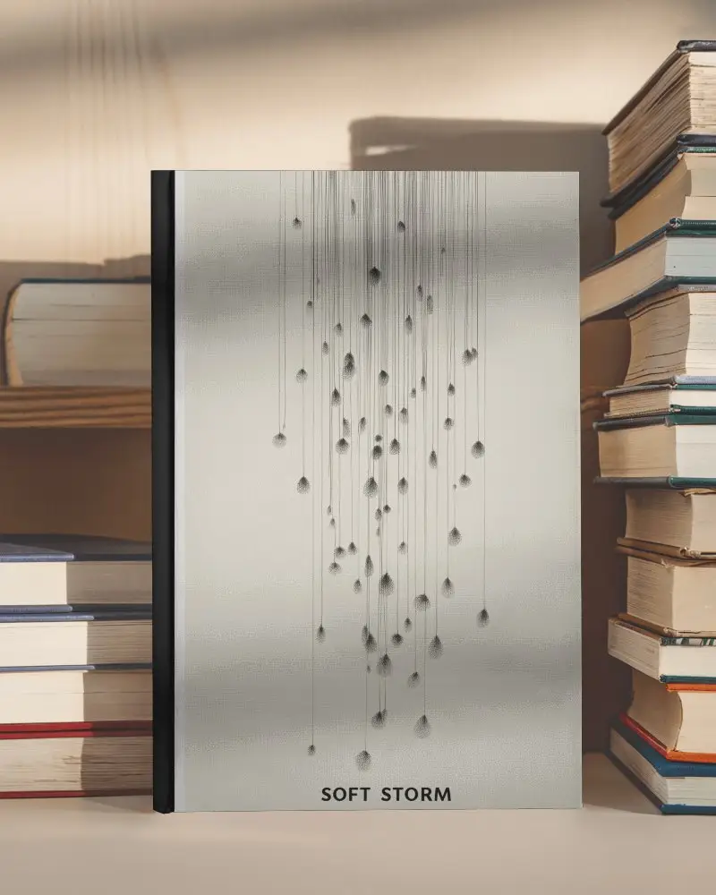 Sunlit Bookshelf Hardcover Book Mockup Upright White Cover Between Stacked Paperbacks With Soft Shadows And Warm Lighting