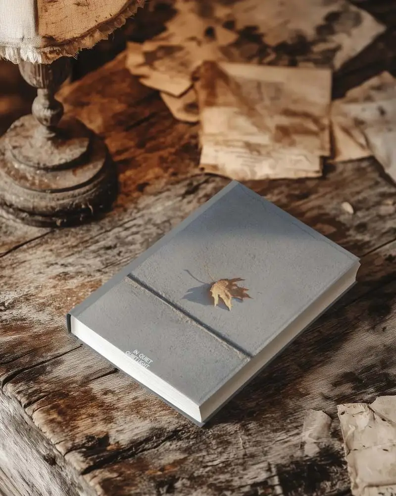 Rustic Book Mockup On Aged Wooden Table Vintage Lamp And Weathered Paper Surroundings