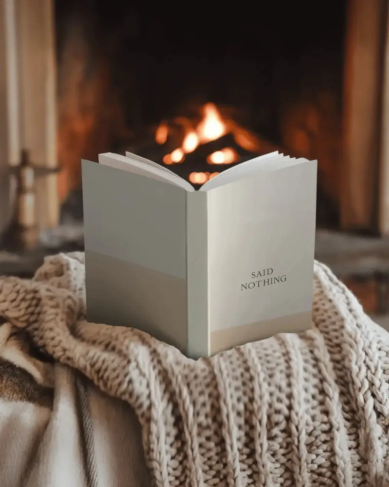 Open Book Mockup Front And Back Cover By Fireplace On Knit Blanket