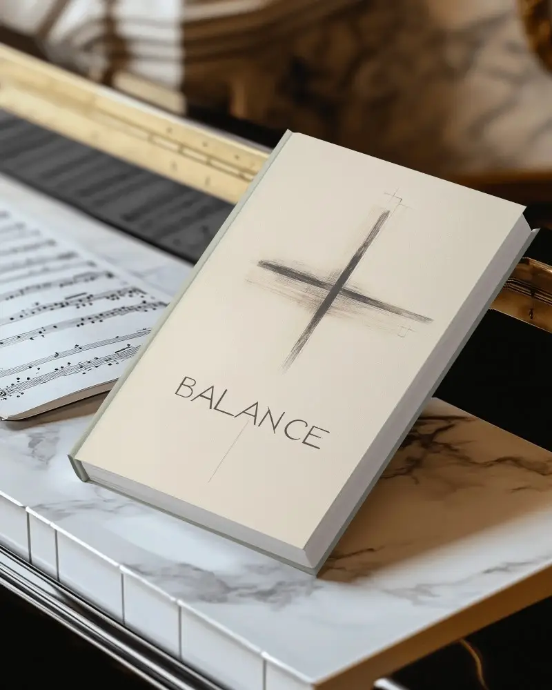 Premium Book Mockup On Polished Marble Surface With Musical Score And Refined Interior