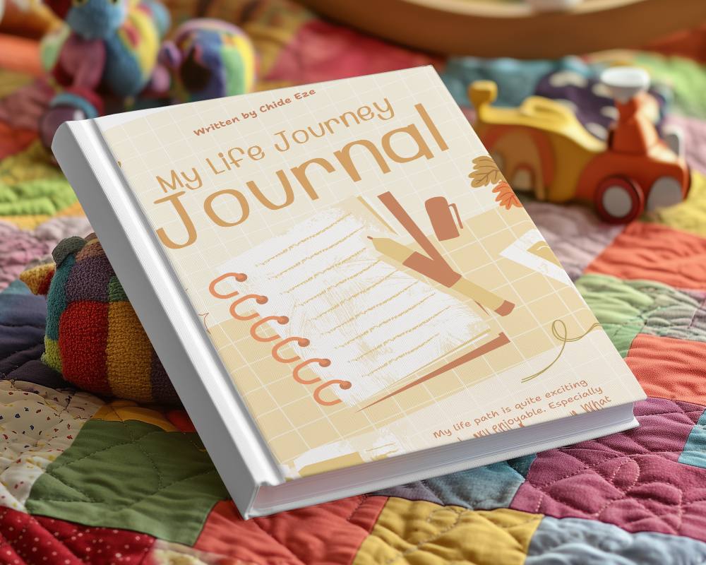 Playful Kids Room Hardcover Book Mockup On Colorful Quilt With Soft Toys And Wooden Train Fun And Cozy Setting 0237