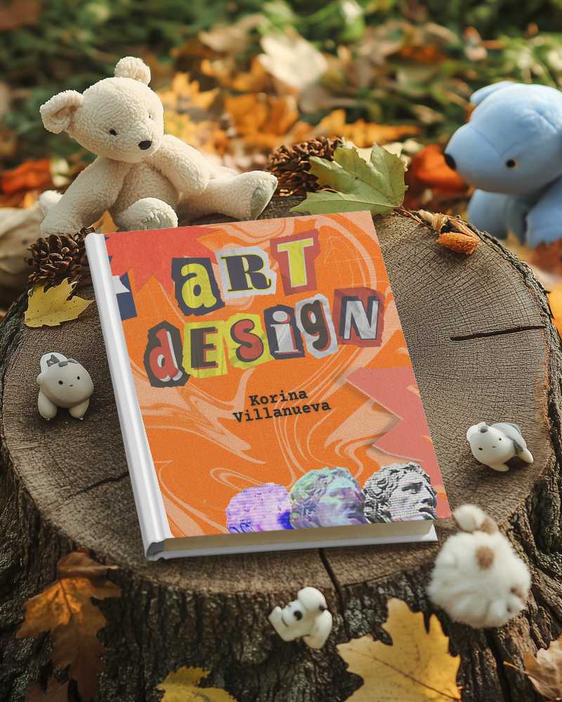 Autumn Forest Hardcover Book Mockup On Tree Stump Surrounded By Plush Toys And Fallen Leaves Cozy And Whimsical Outdoor Setting 0239