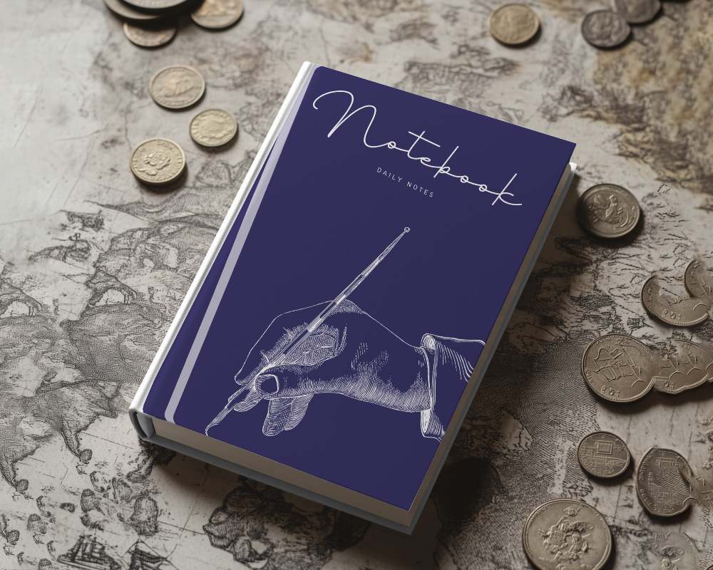 Vintage Adventure Hardcover Book Mockup On Antique World Map Surrounded By Scattered Coins Exploration And Historical Theme 0240