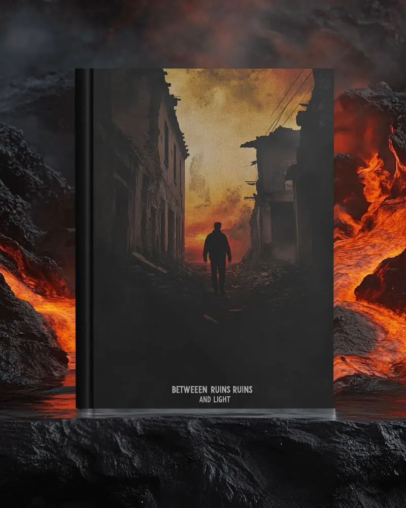 Hardcover Book Mockup Upright On Charred Rock Surface With Glowing Lava Background Dramatic Lighting And High Contrast Scene