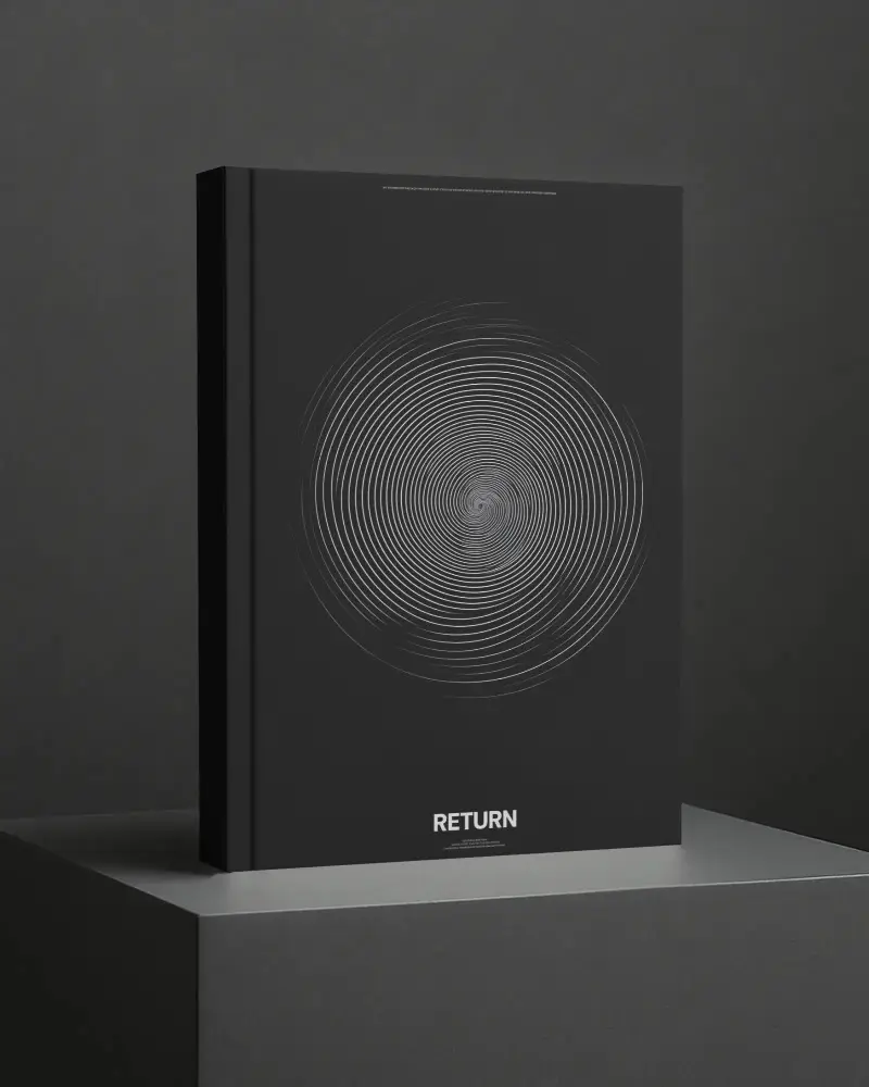 Hardcover Book Mockup Standing On Dark Pedestal With Clean Black Background Minimal Lighting And Professional Modern Presentation