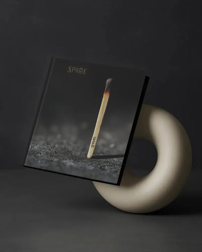 White Hardcover Book Mockup Leaning On Sculptural Object Dark Minimal Aesthetic Scene