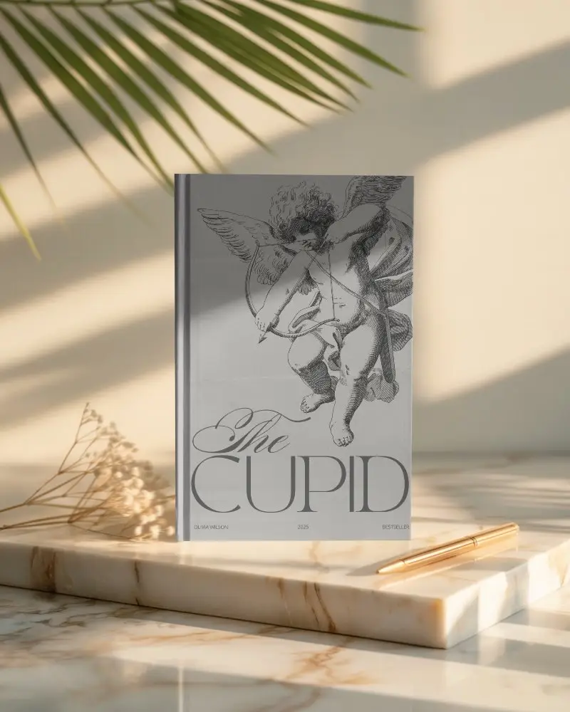 Upright Book Mockup On Marble Slab With Golden Pen Palm Shadow Aesthetic Natural Light Scene