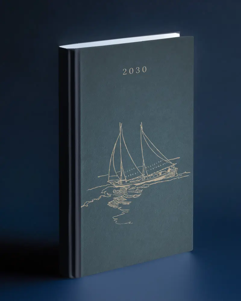 Standing Hardcover Book Mockup With Visible Spine White Cover On Deep Blue Surface