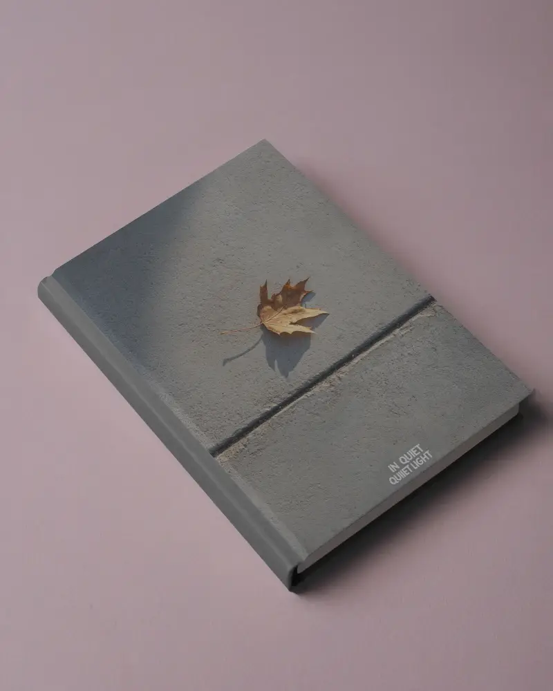 Book Mockup Angled Top View Grey Hardcover On Matte Pink Surface Soft Shadows Clean Minimal Editorial Presentation Style