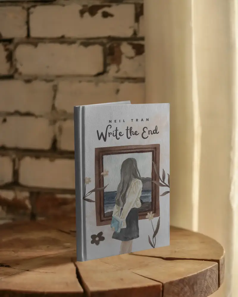 A4 Book Mockup On Rustic Wooden Slab With Soft Curtain Lighting And Exposed Brick Wall Background Earthy And Vintage Style