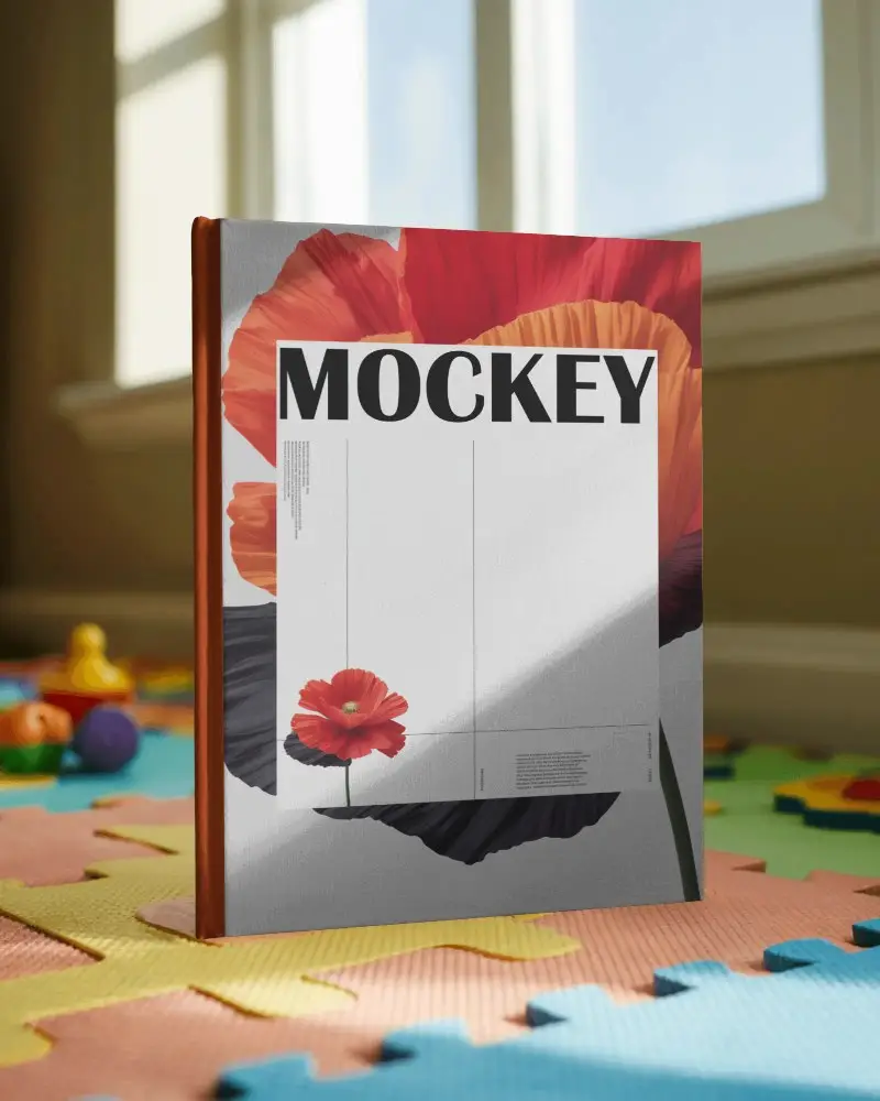 Sunlit Kids Room Book Mockup Upright On Colorful Foam Mat With Soft Window Light