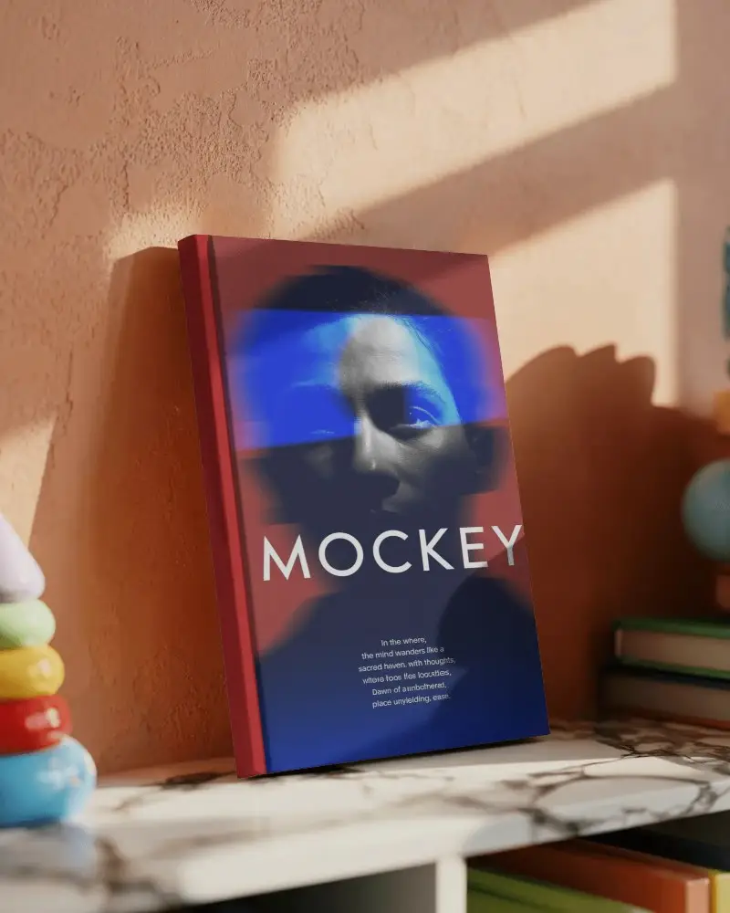Learning Book Mockup On Shelf Against Textured Peach Wall In Playful Nursery Setting