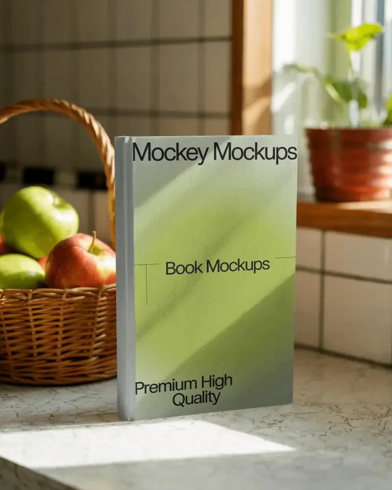 Cozy Kitchen Book Mockup On Countertop Near Fruit Basket With Sunlight Through Window