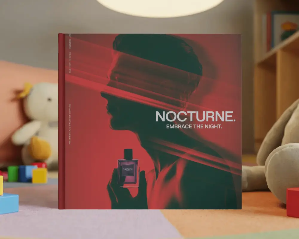 Square Book Mockup In Toy Filled Nursery On Colorful Soft Mat With Stuffed Animals