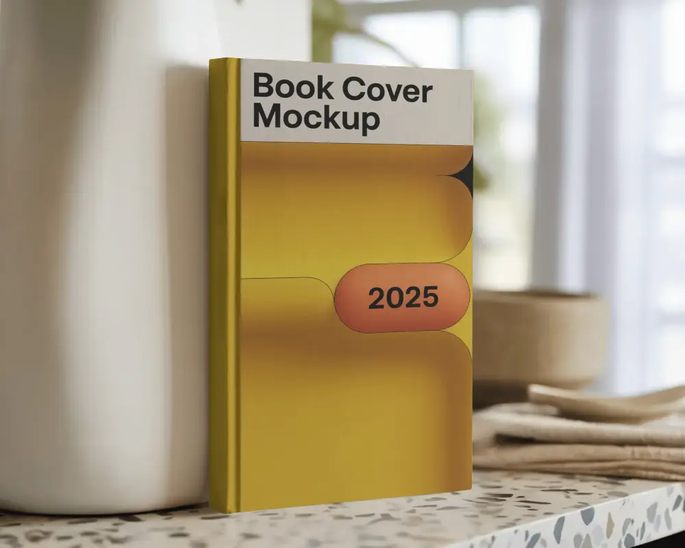 Standing Book Mockup On Speckled Countertop Beside Vase In Sunlit Modern Kitchen