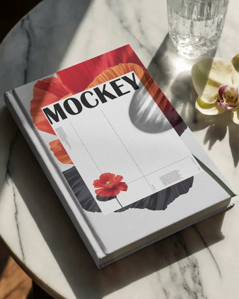 Angled Hardcover Book Mockup On White Marble Table With Glass Water And Orchid Flower