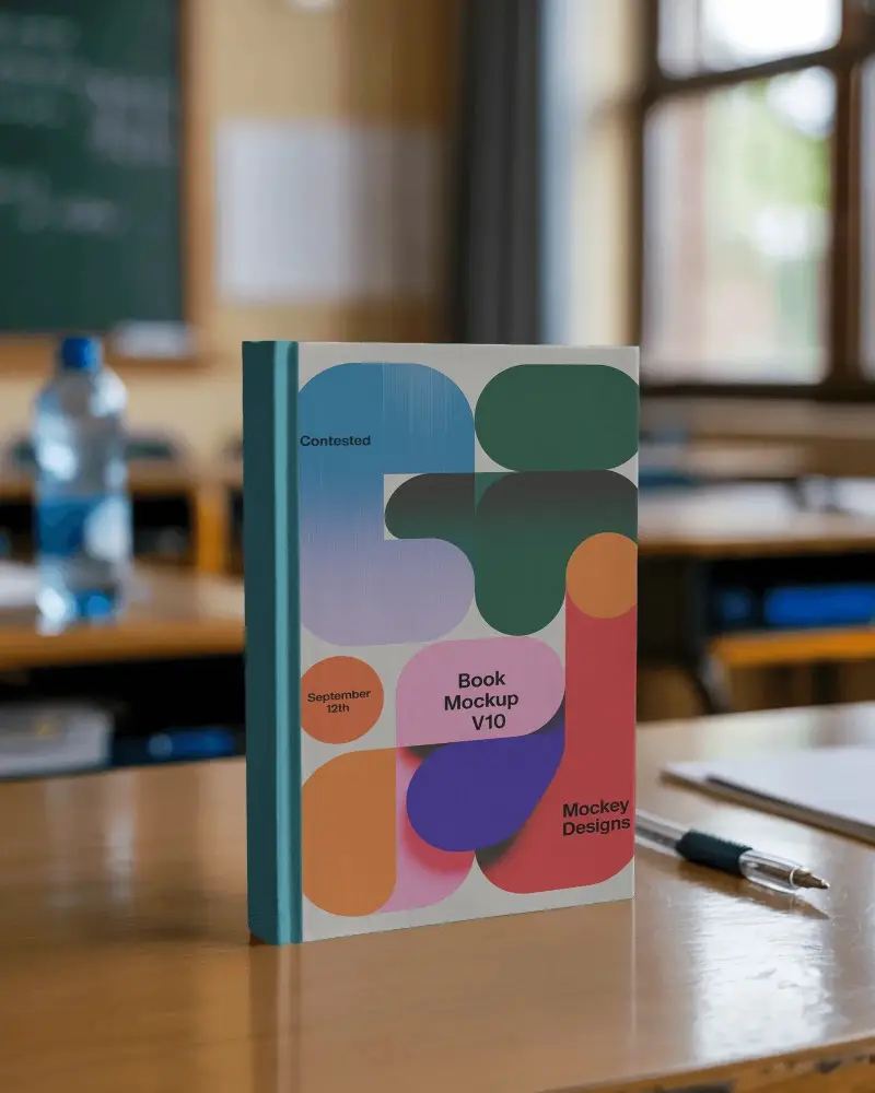 Hardcover Book Mockup On Desk In Bright Classroom With Window And Blackboard Background