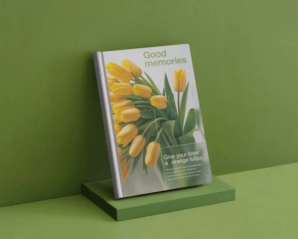 Leaning Book Mockup On Matte Green Podium With Tonal Green Background In Studio Shot