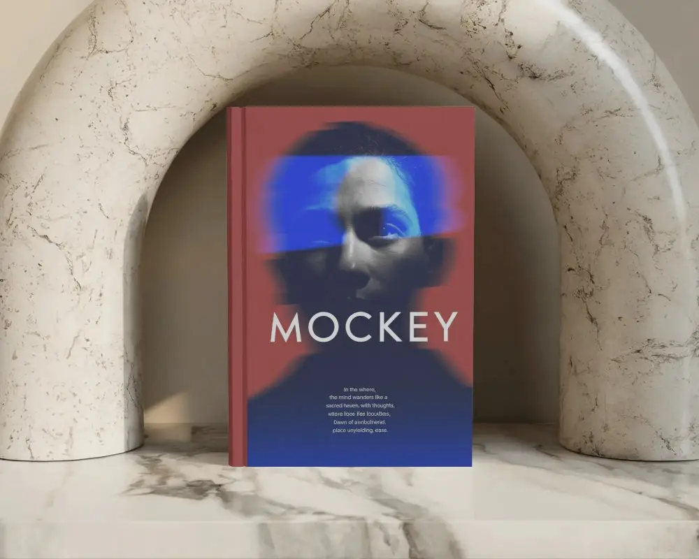 Upright Book Mockup Nicely Framed By Arched Marble Sculpture On Luxury Stone Surface