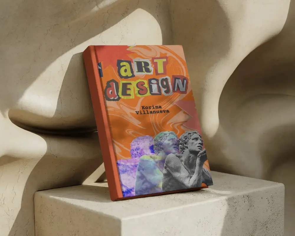 Angled Hardcover Book Mockup Resting On Curved Stone Form With Cast Shadows Architectural Daylight