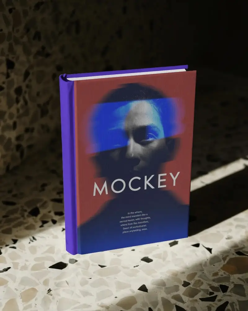 Hardcover Book Mockup Standing On Terrazzo Surface Under Dramatic Light Shadows