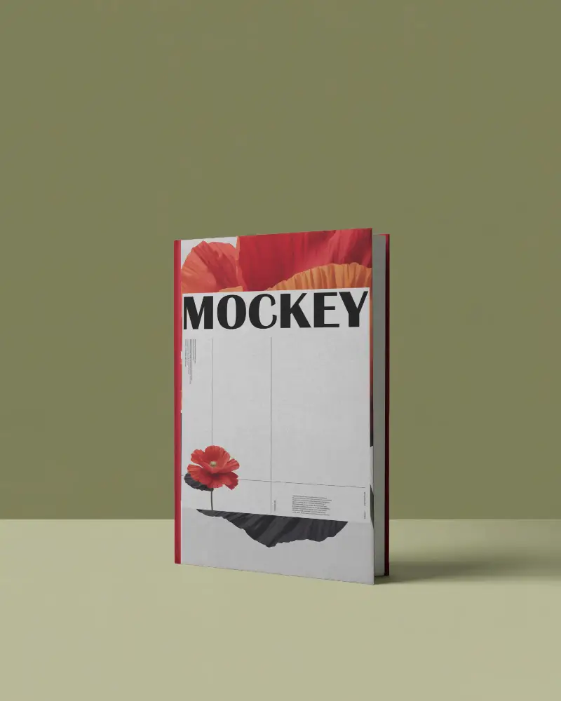 Minimal Book Mockup Against Olive Green Wall Floating On Soft Dual Tone Surface